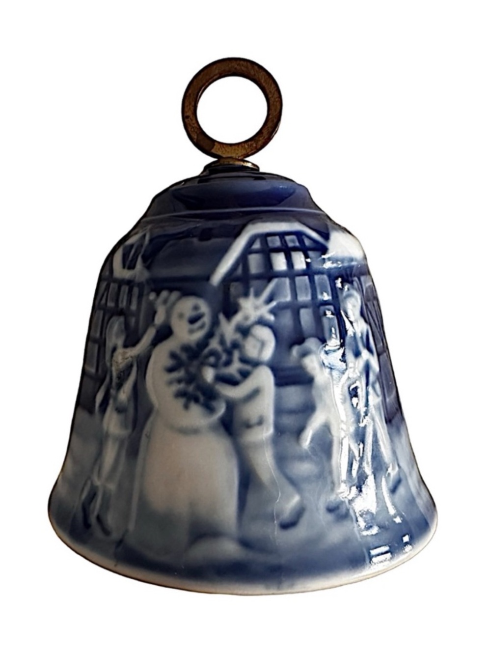 Vtg 1987 Bing Grondahl Blue Porcelain Christmas Bell Snowman Ornament Denmark